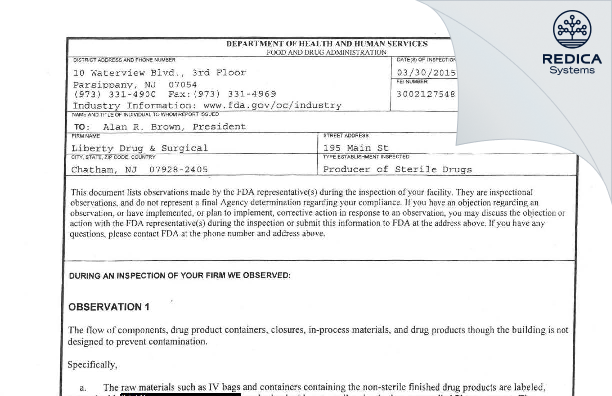 FDA 483 - Liberty Drug & Surgical [Chatham / United States of America] - Download PDF - Redica Systems