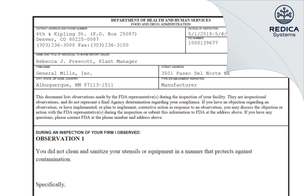 FDA 483 - General Mills, Inc. [Albuquerque / United States of America] - Download PDF - Redica Systems