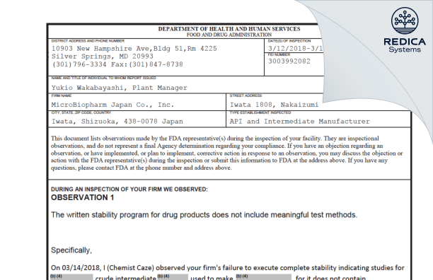 FDA 483 - MICROBIOPHARM JAPAN CO., LTD. [Iwata / Japan] - Download PDF - Redica Systems