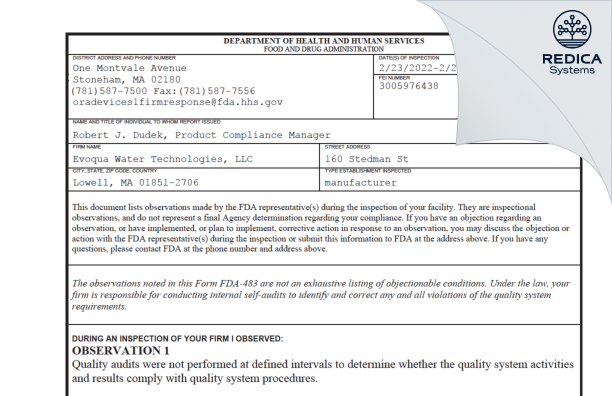 FDA 483 - Evoqua Water Technologies, LLC [Lowell / United States of America] - Download PDF - Redica Systems