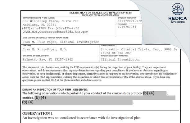FDA 483 - Juan M. Ruiz-Unger, M.D. [Palmetto Bay / United States of America] - Download PDF - Redica Systems
