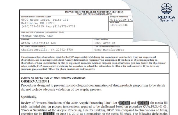 FDA 483 - Afton Scientific, LLC [Charlottesville Virginia / United States of America] - Download PDF - Redica Systems
