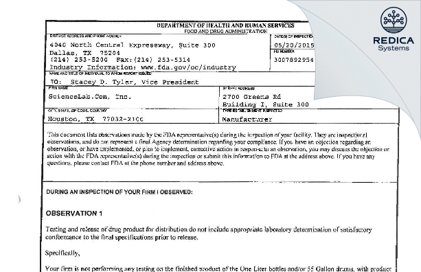 FDA 483 - ScienceLab.Com, Inc. [Houston / United States of America] - Download PDF - Redica Systems