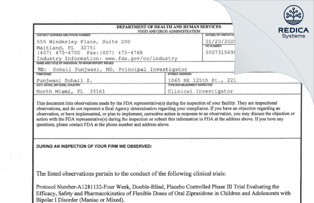 FDA 483 - Punjwani Sohail S., MD [Lauderhill / United States of America] - Download PDF - Redica Systems
