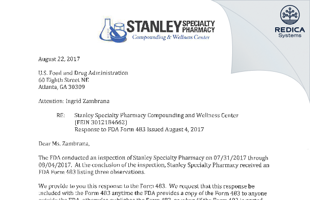 FDA 483 Response - Stanley Specialty Pharmacy Compounding and Wellness Center [Charlotte / United States of America] - Download PDF - Redica Systems