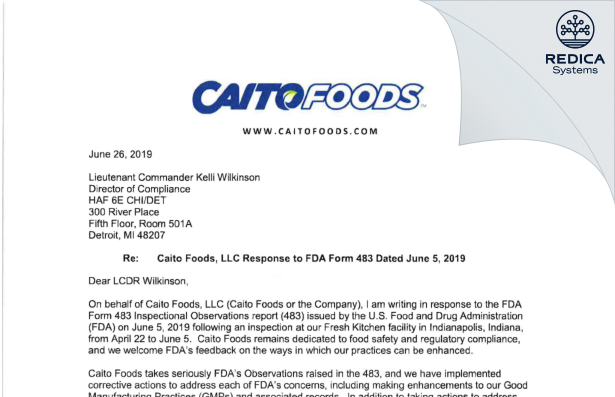 FDA 483 Response - Caito Foods, LLC (IN Spartan Nash) [Indianapolis / United States of America] - Download PDF - Redica Systems