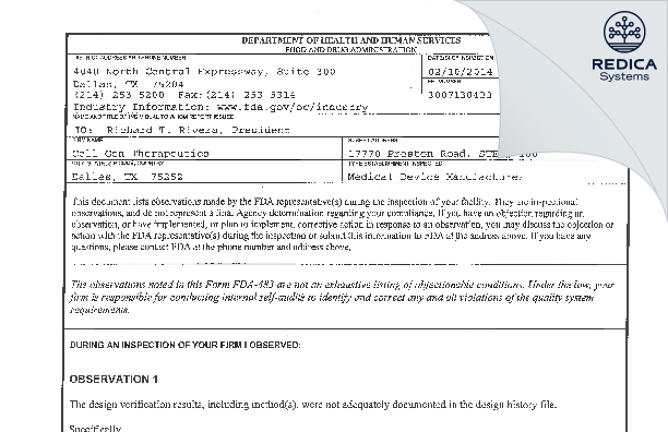 FDA 483 - Cell Gen Therapeutics [Dallas / United States of America] - Download PDF - Redica Systems