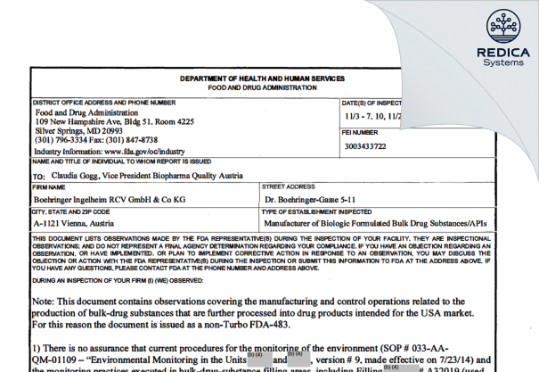 FDA 483 - Boehringer Ingelheim RCV GmbH & Co KG [Vienna / Austria] - Download PDF - Redica Systems