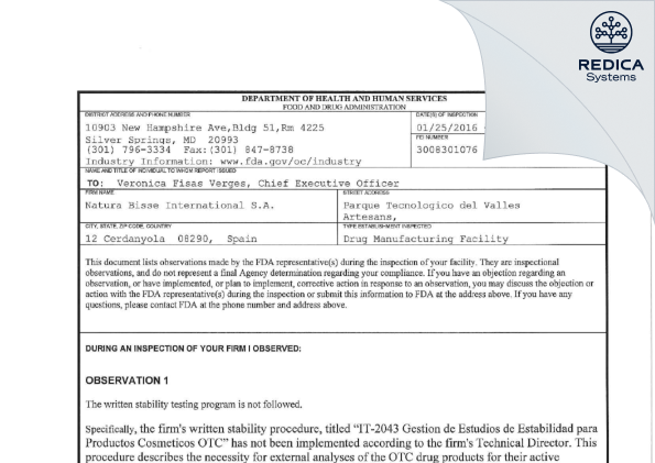 FDA 483 - NATURA BISSE INTERNATIONAL SA [Spain / Spain] - Download PDF - Redica Systems
