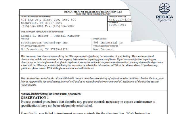 FDA 483 - Southeastern Technology Inc. dba Autocam Medical [Murfreesboro / United States of America] - Download PDF - Redica Systems