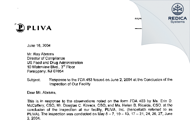 FDA 483 Response - Pliva, Inc. [East Hanover / United States of America] - Download PDF - Redica Systems
