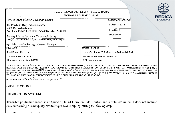 FDA 483 - TAPI Puerto Rico, Inc. [Humacao / United States of America] - Download PDF - Redica Systems