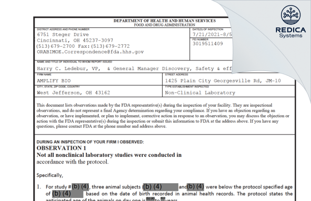 FDA 483 - AmplifyBio, LLC. [West Jefferson / United States of America] - Download PDF - Redica Systems
