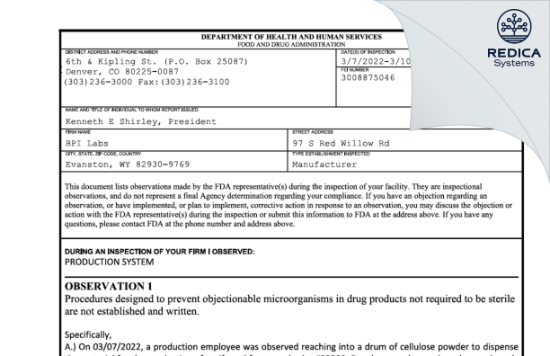 FDA 483 - BPI Labs [Evanston / United States of America] - Download PDF - Redica Systems