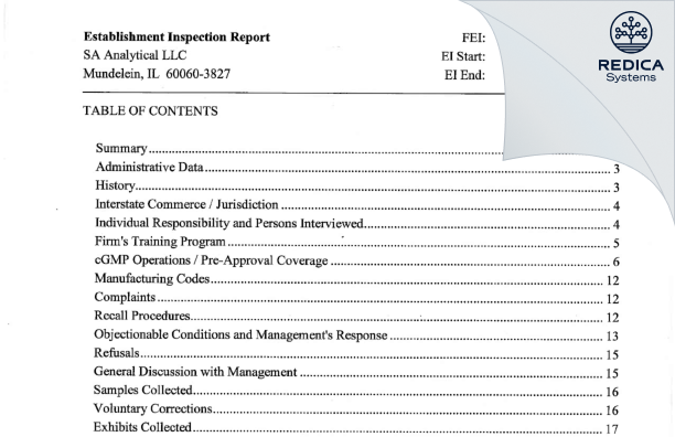 EIR - SA Analytical, LLC [Mundelein / United States of America] - Download PDF - Redica Systems
