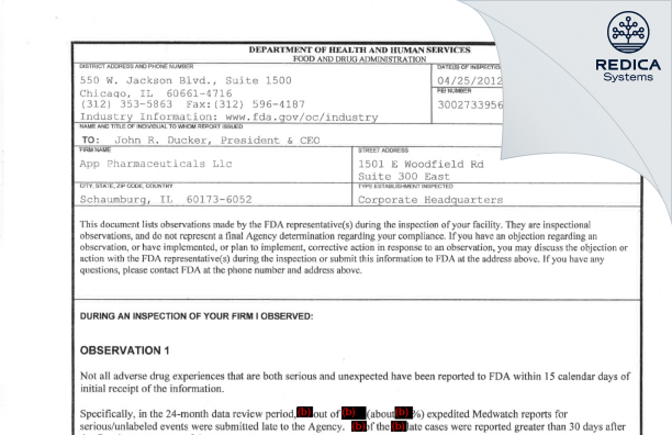 FDA 483 - Fresenius Kabi USA, LLC [Lake Zurich / United States of America] - Download PDF - Redica Systems