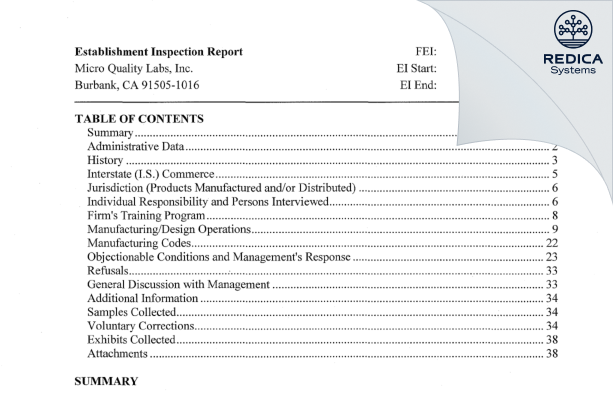 EIR - Micro Quality Labs Inc [Burbank / United States of America] - Download PDF - Redica Systems