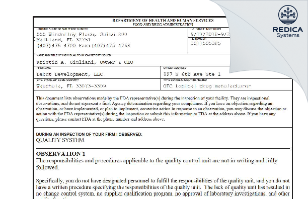 FDA 483 - Debut Development LLC [Florida / United States of America] - Download PDF - Redica Systems