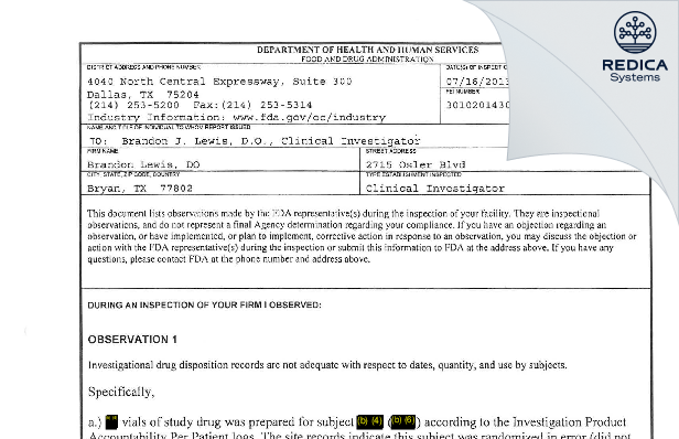 FDA 483 - Brandon Lewis, DO [Bryan / United States of America] - Download PDF - Redica Systems