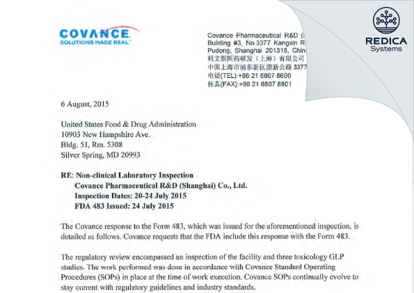 FDA 483 Response - Covance Pharmaceutical R&D (Shanghai) Co [Pudong / China] - Download PDF - Redica Systems