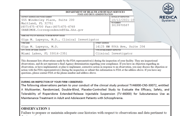 FDA 483 - Olga M. Lapeyra, M.D. [Miami Lakes / United States of America] - Download PDF - Redica Systems