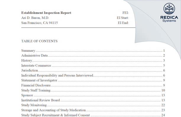 EIR - Ari Baron MD [San Francisco / United States of America] - Download PDF - Redica Systems