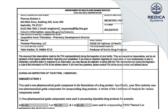 FDA 483 - Promise Pharmacy, LLC [Palm Harbor / United States of America] - Download PDF - Redica Systems