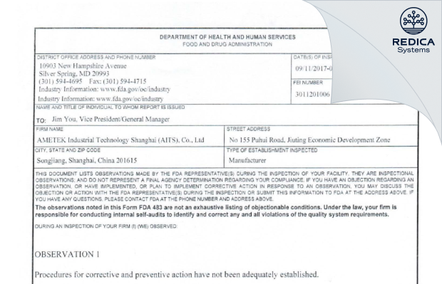 FDA 483 - AMETEK Industrial Technology Shanghai (AITS), Co., Ltd [Shanghai / China] - Download PDF - Redica Systems