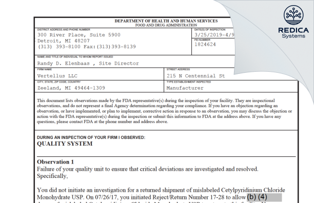 FDA 483 - Aurorium LLC [Zeeland Michigan / United States of America] - Download PDF - Redica Systems