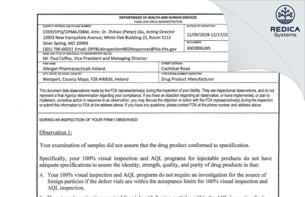 FDA 483 - Allergan Pharmaceuticals Ireland [Westport / Ireland] - Download PDF - Redica Systems