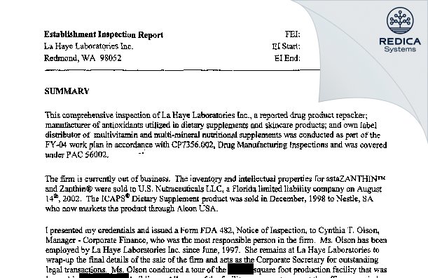 EIR - La Haye Laboratories Inc [Redmond / United States of America] - Download PDF - Redica Systems