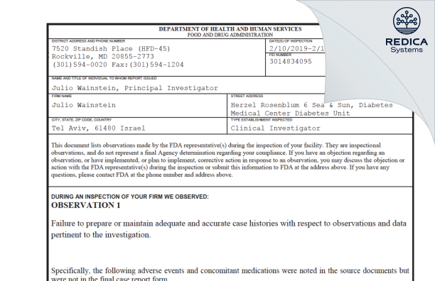 FDA 483 - Julio Wainstein [Tel Aviv / Israel] - Download PDF - Redica Systems