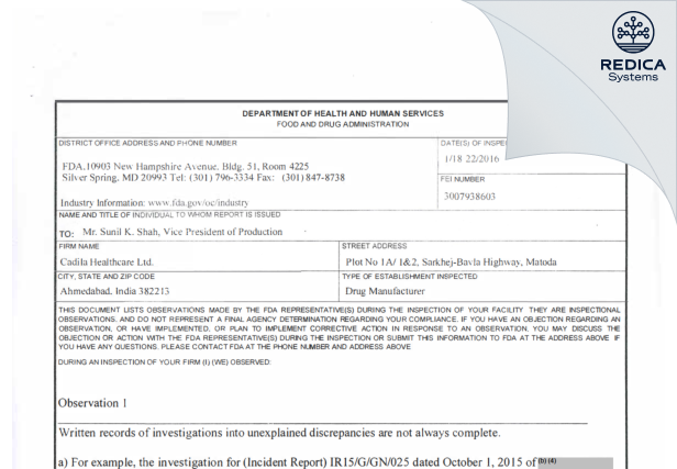 FDA 483 - Zydus Lifesciences Limited [India / India] - Download PDF - Redica Systems