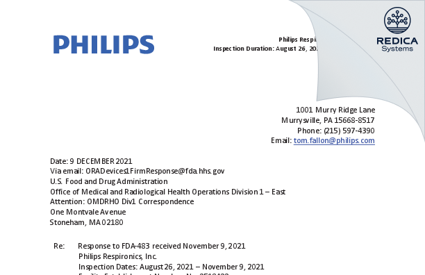 FDA 483 Response - Philips Respironics, Inc. [Murrysville / United States of America] - Download PDF - Redica Systems