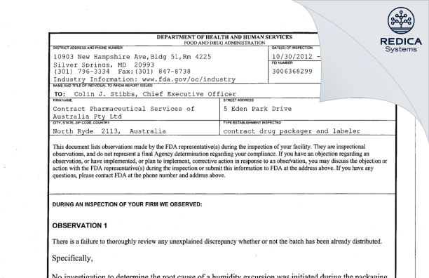 FDA 483 - Contract Pharmaceutical Services of Australia Pty Ltd [Park / Australia] - Download PDF - Redica Systems