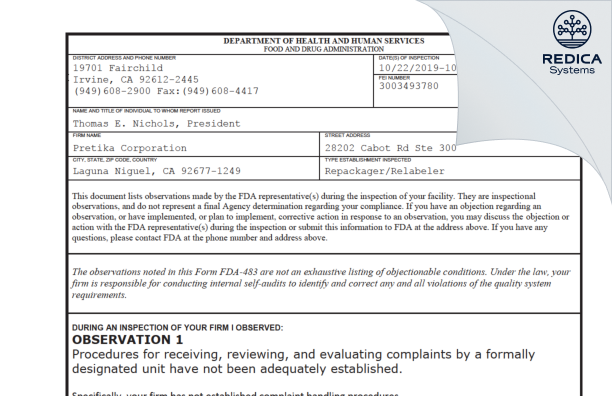 FDA 483 - Pretika Corporation [Laguna Niguel / United States of America] - Download PDF - Redica Systems