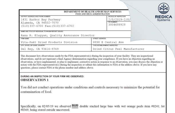 FDA 483 - Vita-Pakt Citrus Products Co. [Del Rey / United States of America] - Download PDF - Redica Systems
