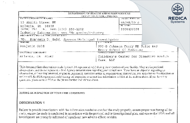 FDA 483 - Benjamin D. Gold, M.D. [Atlanta / United States of America] - Download PDF - Redica Systems