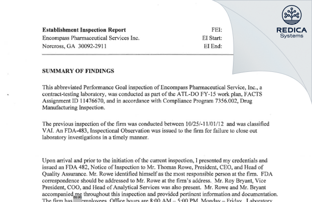 EIR - Encompass Pharmaceutical Services Inc. [Peachtree Corners Georgia / United States of America] - Download PDF - Redica Systems