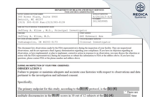 FDA 483 - Jeffrey Kline [Indianapolis / United States of America] - Download PDF - Redica Systems