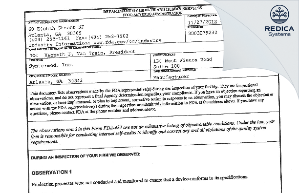 FDA 483 - Syntermed, Inc. [Atlanta / United States of America] - Download PDF - Redica Systems