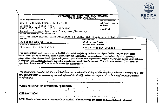 FDA 483 - Hu-Friedy Mfg Co, Inc. [Chicago / United States of America] - Download PDF - Redica Systems