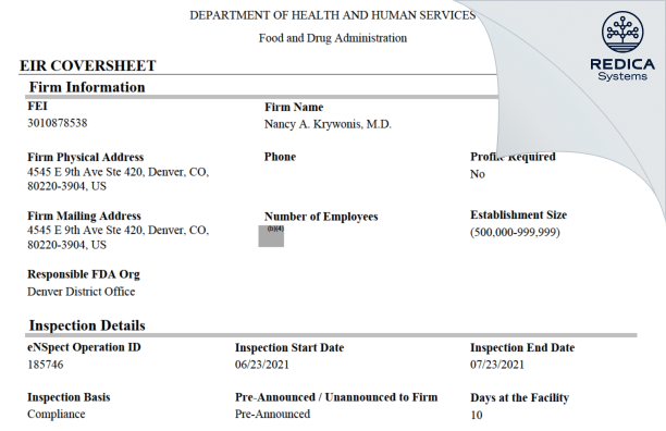 EIR - Nancy A. Krywonis, M.D. [Denver / United States of America] - Download PDF - Redica Systems