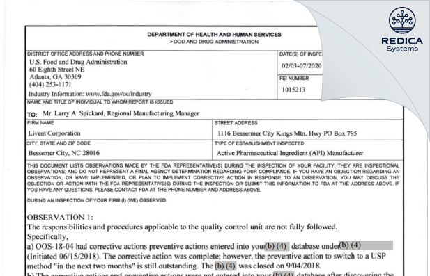 FDA 483 - LIVENT USA CORP. [Bessemer City / United States of America] - Download PDF - Redica Systems