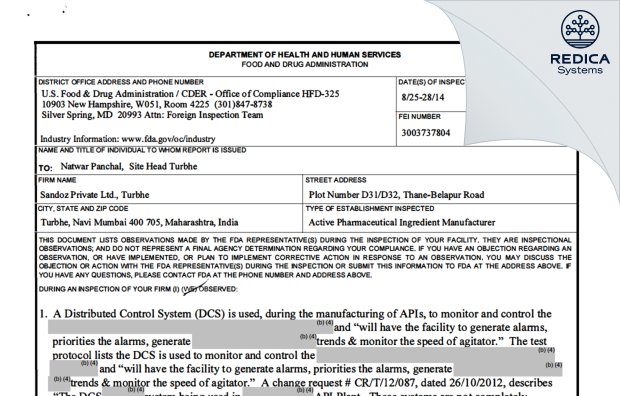 FDA 483 - Sandoz Private Limited [Navi Mumbai / India] - Download PDF - Redica Systems