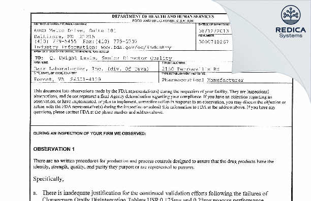 FDA 483 - Barr Laboratories Inc. [Virginia / United States of America] - Download PDF - Redica Systems