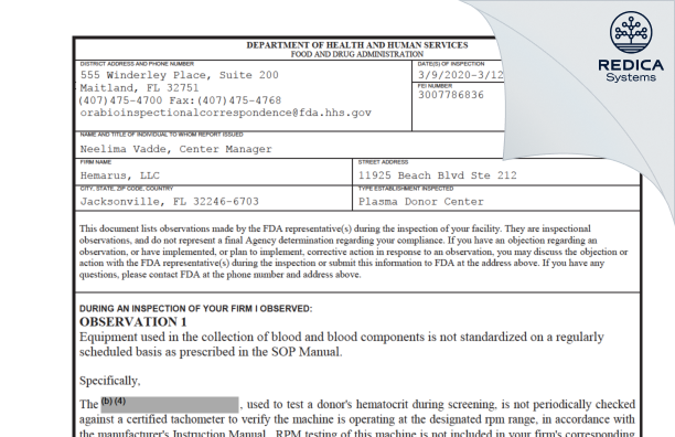 FDA 483 - Hemarus, LLC [Jacksonville / United States of America] - Download PDF - Redica Systems
