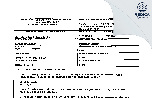 FDA 483 - Miami Research Associates [Miami / -] - Download PDF - Redica Systems