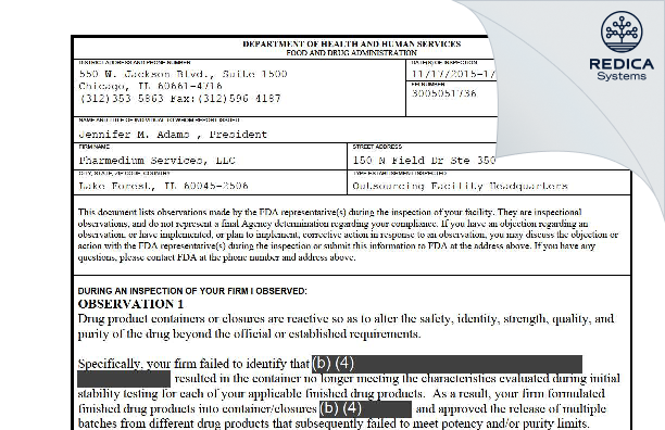 FDA 483 - Pharmedium Services, LLC [Lake Forest / United States of America] - Download PDF - Redica Systems
