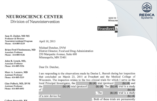 FDA 483 Response - Lazzaro, Marc, MD [Milwaukee / United States of America] - Download PDF - Redica Systems